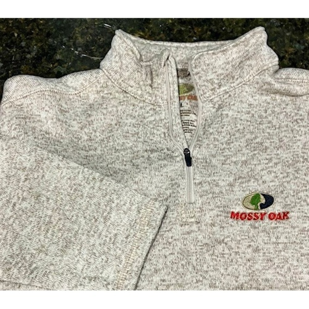 Mossy Oak Mens Size Large Quarter Zip Pullover Sweater Sweatshirt Beige Gray